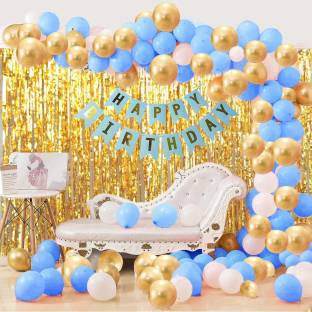 DECOR MY PARTY HAPPY BIRTHDAY Printed Blue Banner Combo With Metallic Balloons & Decorative Curtains For Boys Birthday Party Decorations