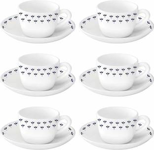 BOROSIL Pack of 12 Opalware Borosil FABULA {Cup 140ml (6 pcs) || Saucer 135mm (6 pcs)} (Red, White)