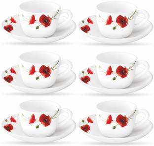 Larah by Borosil Pack of 12 Opalware Present arah RED CARNATION 6 pcs cup saucer Set {Cup 140ml (6 pcs) || Saucer 135mm (6 pcs)}
