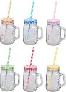SK TRADING Glass Mason Jar with Straw and Handle, 500ml, 6-Piece (Transparent) Glass  (500 ml) Glass Mason Jar