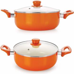 NIRLON Induction Base Aluminium Cookware Set, 2-Pieces, Orange Pack of 2 Cook and Serve Casserole Set
