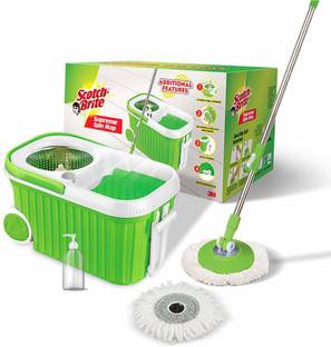 Scotch-Brite Supreme Spin Bucket Mop with Steel Spinner, Wheels, Drag Handle, Drain Plug & Dispenser (2N Microfiber Refills) Mop Set