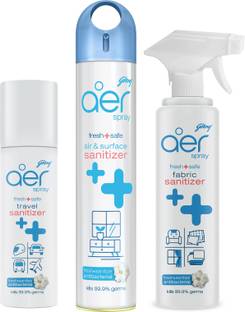 Godrej Aer Fresh + Safe range combo: Air and surface sanitizer, 240ml + Travel sanitizer, 85ml + Fabric sanitizer, 225ml