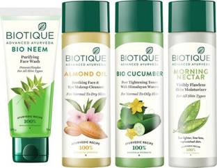 BIOTIQUE Pack of 4 Skin Care Combo Bio Neem Facewash 100ml+ Bio Almond Oil 120ml+ Bio Cucumber Toner 120ml+ Bio Morning Nectar 120ml