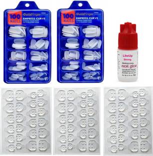 LikeUp Acrylics Professional Shinning Best Combo Pack Set Of 2 Artificial milky Clear shinning professional Finger Empress Curve 200 Tips Fake Nails with 3 Sheet Double Sided Nails Glue Sticker and 10gm glue bottle Milky Clear