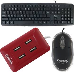 Quantum Hi-Tech QHM 7403 WIRED KEYBOARD, QHM 222 WIRED MOUSE AND QHM 6633 (RED) 4 PORT USB HUB (COMBO) Combo Set