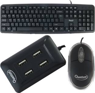 Quantum Hi-Tech QHM 7403 WIRED KEYBOARD, QHM 222 WIRED MOUSE AND QHM 6633 (BLACK) 4 PORT USB HUB (COMBO) Combo Set