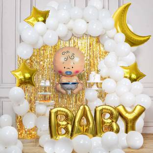Anayatech Solid Golden Baby Decoration Combo 58Pcs Foil Curtain Moon & Star Foil Balloon White Latex Balloon With Baby Letter- Boy Shape Foil Balloon For Welcome Home Baby Shower Birthday Party Decoration Balloon