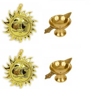 Utkarsh Combo Of 2 Pcs Laxmi Pital ( No 1 Small Size) Diya Oil / Ghee Lamp With 2 Pcs Golden Color Sun Face Wall Hanging Idol For Puja Purpose Brass