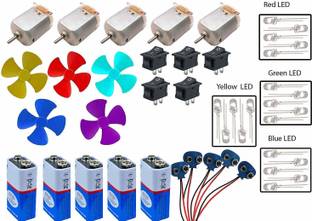 Zaib Project Hub Science Projects Kit for DIY, Toy Motor,4 Colour LED,9V Battery,Mini 4 Wing Fan,Battery Snap,Switches (Multicolour) Pack of 5 Each Electronic Components Electronic Hobby Kit
