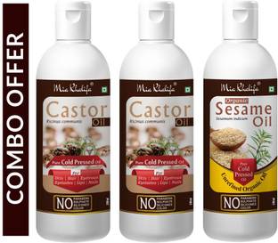Mia Khalifa 100% Pure Castor Hair Oil, Cold Pressed, To Support Hair Growth 200 ML + 100% Pure Castor Hair Oil, Cold Pressed, To Support Hair Growth 100 ML + 100 % Pure and Natural Organic Sesame Oil for Skin and Hair 100 ML (Set of 3 Bottle) (400 ML) Hair Oil