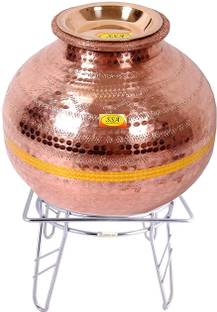 Shivshakti Arts Matka Kitchen Rack Copper Copper Matka, Water Dispancer, Container Pot, With Steel Stand (15 Liter, Brown)
