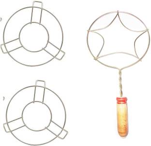 lookat Hot Pot Stand ( Set Of 2 ) Stainless Steel Heat Resistant Hot Pan/Pot Stand with Jali Roti Roast Grill Papad Roaster Chapati Toast Grill Wooden Handle paneer tandoor net Style Trivet