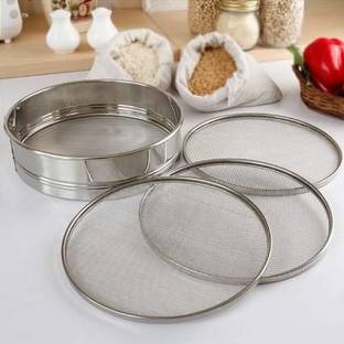 Rudrisha 4 in 1 Branded Stainless Steel Interchangeable Sieve Set, Flour Chhalni, Spices, Food Strainers, Atta Chhalni, Jaali Chhani Atta Maida Strainer, Silver (8 INCHES) Collapsible Strainer