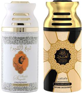 Lattafa Sheikh Al Shuyukh Khusoosi + Urooq Al Oud Perfumed Body Spray, Best Premium Quality Fragrance, 250ml Deodorant Pack of 2 Ideal for Both Men and Women. Body Spray  -  For Men & Women