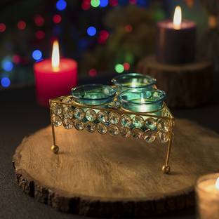 Flipkart SmartBuy Crystal Tri Votive Stand (with 3 Votive) Turquoise, Candle holder with tealight candles Iron Tealight Holder