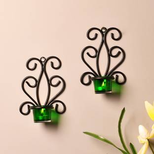Flipkart SmartBuy Modern Art Large Wall Sconce with Glass Votive Candle Tealight Holders,Set of 2,Green, Antique Metal Wall Scone Candles Iron Tealight Holder