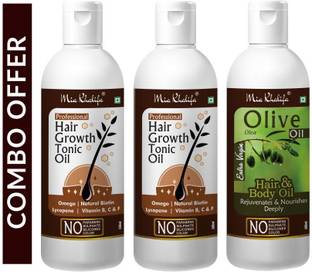 Mia Khalifa Pure and Natural Hair Growth Tonic For Hair Regrowth, Anti Hair Fall 150 ML + Pure and Natural Hair Growth Tonic For Hair Regrowth, Anti Hair Fall 100 ML + 100 % Pure Olive Oil To Support Hair Regrowth and Body, Rejuvenates and Nourishes Deeply 100 ML (Set of 3 Bottle) (350 ml) Hair Oil