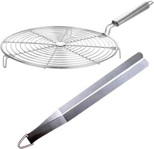 Ajuss Stainless Steel Small Round Roaster With Steel Chimta 10 cm, (Silver) Kitchen Tool Set
