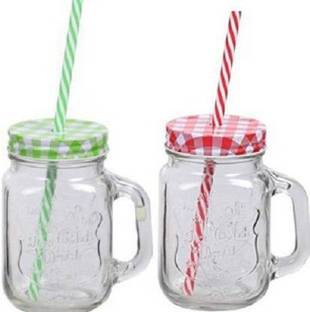 Sai Enterprises sai_enterprise NEW ARRIVAL Mason Jar with Lid and Straw(450 ml)suitable to use in your home office ,jars for juices /glass jars set /glass jars for kitchen /glass jar containers /glass jar for gift /glass jar /mason glass jar without hole/ (2) Glass (450, Pack of 2) Glass Mason Jar