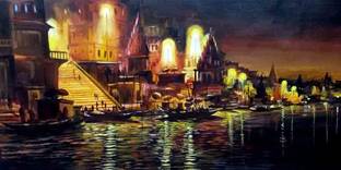 Varanasi Ghat Beautiful Night View Religious Waterproof Vinyl Sticker Big Size Posters || 20wpwl46-2 Fine Art Print