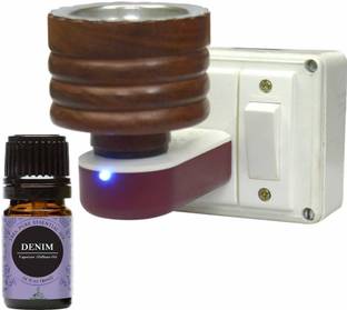 CraftQua Denim Aroma Oil Diffuser Set Electric Wooden Kapoordani cum Aroma Oil Diffuser For Fragrance And Ambience|Direct Plug-In Incense Burner/Kapoor Dani|Sturdy High Quality Plug For Better Support Wooden Incense Holder with Denim Aroma Oil 10ml (Brown)