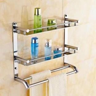 Frap Stainless Steel Bathroom Hanging Rack Organizer Silver Towel Holder (Steel) Stainless Steel Wall Shelf