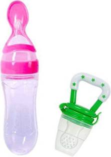 Vadhavan nfant Squeezy Food Grade Silicone Bottle Feeder & Silicone Food Fruit Pacifier/Nibbler/Soother for Babies/Kids/Children (Squeezy Feeder 'Pink' + Pacifier 'Green'') (Pack of 2) - Silicone (Pink & Green)