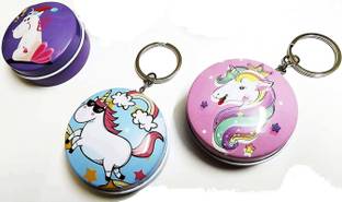kd collections KD578-(3 Pcs) Unicorn tin Storage Box Keychain|Round Shape Tin Box Keychain|Coin Box Keychain|Mini Storage Box with Key Chain for Small Mini Items Key Chain
