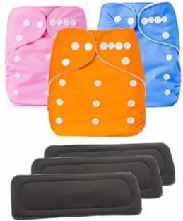MOM'S PRIDE Reusable Solid Pocket Cloth Diapers With Black Inserts Pack of 3 (MultiColor)