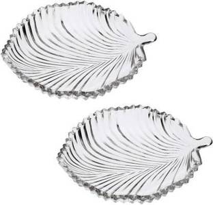 Glass World Glass Leaf Plate Tray for Dry Fruits, Fruits and Home Decoration Quarter Plate 2Pcs Tray