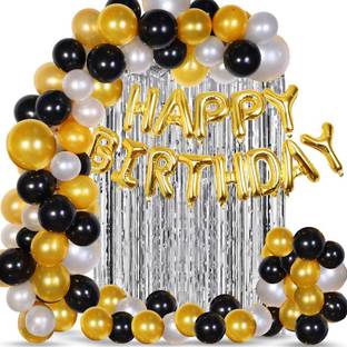 OM Happy Birthday Foil Balloons Set with 2 Pcs Silver Fringe Curtain & 50 Pcs Metallic Balloons Combo