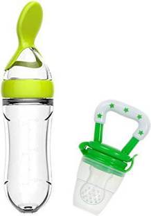 Vadhavan Infant Squeezy Food Grade Silicone Bottle Feeder & Silicone Food Fruit Pacifier/Nibbler/Soother for Babies/Kids/Children (Squeezy Feeder 'Green'' + Pacifier 'Green'') (Pack of 2) - Silicone (Green)