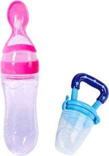 Vadhavan Infant Squeezy Food Grade Silicone Bottle Feeder & Silicone Food Fruit Pacifier/Nibbler/Soother for Babies/Kids/Children (Squeezy Feeder 'Pink' + Pacifier 'Blue') (Pack of 2) - Silicone (Pink & Blue)