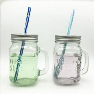 SOOGO Mason Jar with Handle Frosty Mason Jar with Strew and Lid for Beverage,Soft Drink Glass Jar,Kids Glass Jar,Chilled Glass Jar [Pack of 2] Glass Mason Jar