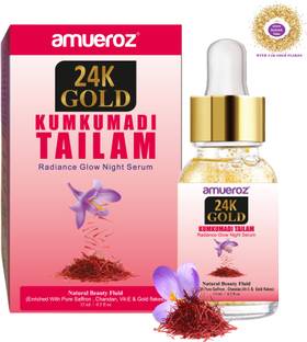 Amueroz 24K Gold Kumkumadi Tailam Radiance Glow Night Serum Enriched with Gold Flakes for Anti Aging, Dark Circles, Brighten and Smooth Complexion, Flawless Skin -15 ml