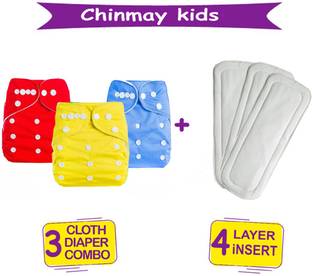 Chinmay Kids Combo of Quirk Reusable Baby Washable Cloth Diaper Nappy with Multi Layered Micro- Fibre Baby Insert Pads(Set of 3) (Multi- Colour)