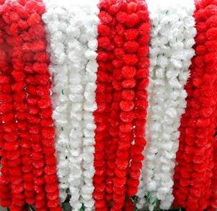 WishWorld Artificial Fluffy Marigold Garlands For Home Decor Red, White Lavender Artificial Flower  with Pot