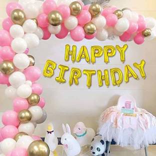 Party Hub Solid Solid Happy Birthday Letter Gold Foil Balloon Set of 63 Balloon ( Gold, Pink, White, Gold ) Balloon