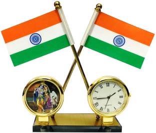 Voyo Indian flag with watch Rectangle Car Dashboard Flag Flag (Plastic, Polyester, Metal) Double Sided Wind Car Dashboard Flag