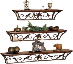 manzees Floating Shelves Wall Mounted Set of 3,Wood and Iron Wall Shelves for Bedroom, Living Room, Bathroom, Kitchen Wooden, Iron Wall Shelf (Number of Shelves - 3, Brown) Wooden Wall Shelf