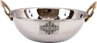IndianArtVilla 2.5" X 7.0" Handmade Steel Kadhai Karahi Wok with Brass Handle 750 ML - Serving Indian Food Dal Curry Vegetable Home Hotel Restaurant Tableware Kadhai 17.7 cm diameter 0.75 L capacity