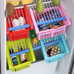 KUBER INDUSTRIES Containers Kitchen Rack Plastic 4 Pieces Adjustable Fridge Storage Basket Under Shelf Fridge Organiser Rack Space Saver Refrigerator Sliding Drawers (Multi)-KUBMART1678