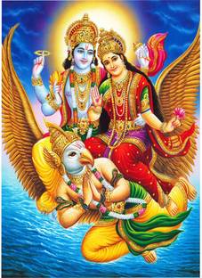 voorkoms 30.48 cm Lord Vishnu and Goddess Lakshmi Mount on Garuda wall sticker 12x18 Inch multicolor Removable Sticker