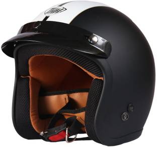 THH HELMETS FH-356 Single Belt Open Face Helmet (Black/White, Matt) Motorbike Helmet