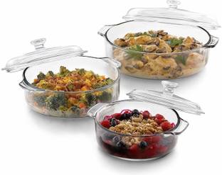 promise plus group Glass Serving Bowl Glass Casserole Deep Round - (1.26 LTR) Oven and Microwave Safe Serving Bowl with Glass Lid Set of (2)