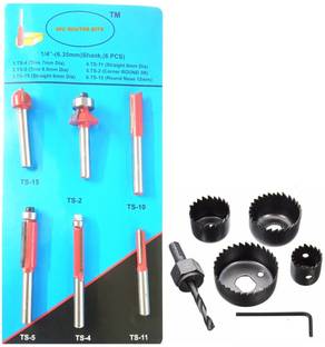 Inditrust Heavy Duty 6.35mm Trimmer & Router Bits Set + 6 Pcs Hole Saw For Wood Working