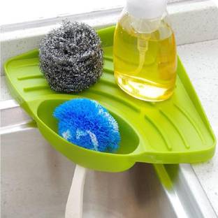 QOLARIS Kitchen Sink Corner Multipurpose Organizer Wash Basin | Sponge Soap Scrub Brush Storage Plastic Holder Rack with Suction Cup | V Shape | Multi -Colour | (Multicolor) Plastic Wall Shelf