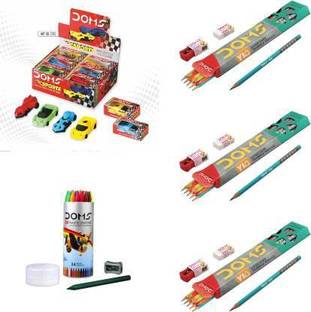DOMS Sports Car Eraser (Pack of 12) + Y1+ Super Dark Triangle (3 Boxes) + Plastic Crayons Round Tin Pack 24 Shades