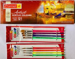 Camlin artist acrylic colours + champ round & flat set of 4 brushes